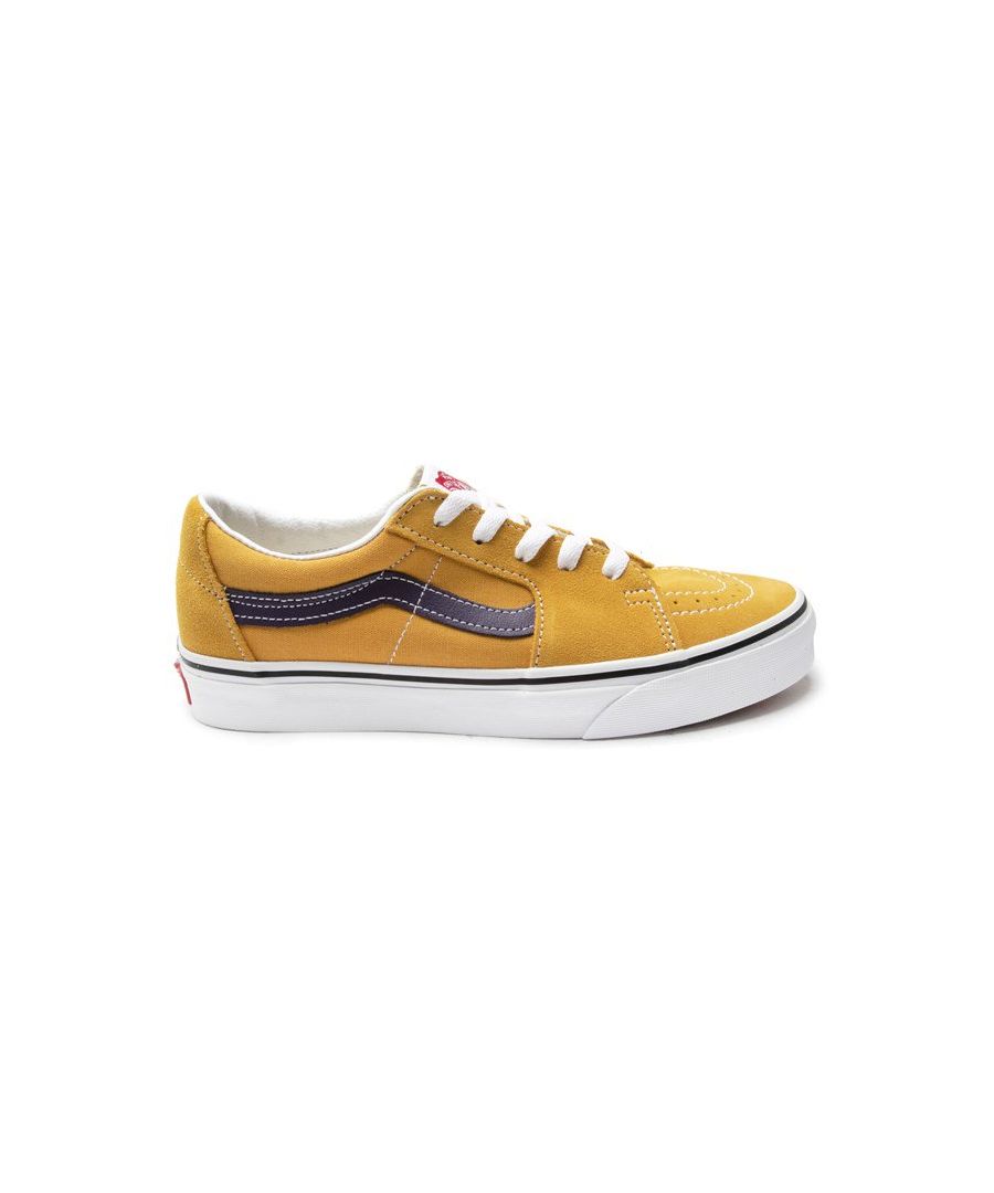Sk8-low Trainers From Vans. In A Golden Colourway With Contrast Sidestripe, These Kicks Are Built With A Soft Suede Upper. They Feature The Original Waffle Tread Construction. With Tonal Stitching Visible, They Are Finished With A White And Red Off The Wall Bumper Plate On The Heel.