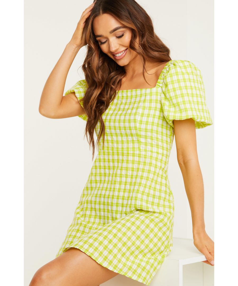 - Gingham print  - A-line dress  - Puff sleeve  - Zip back  - Square neckline  - Length: 90cm approx  - Model Height: 5' 9