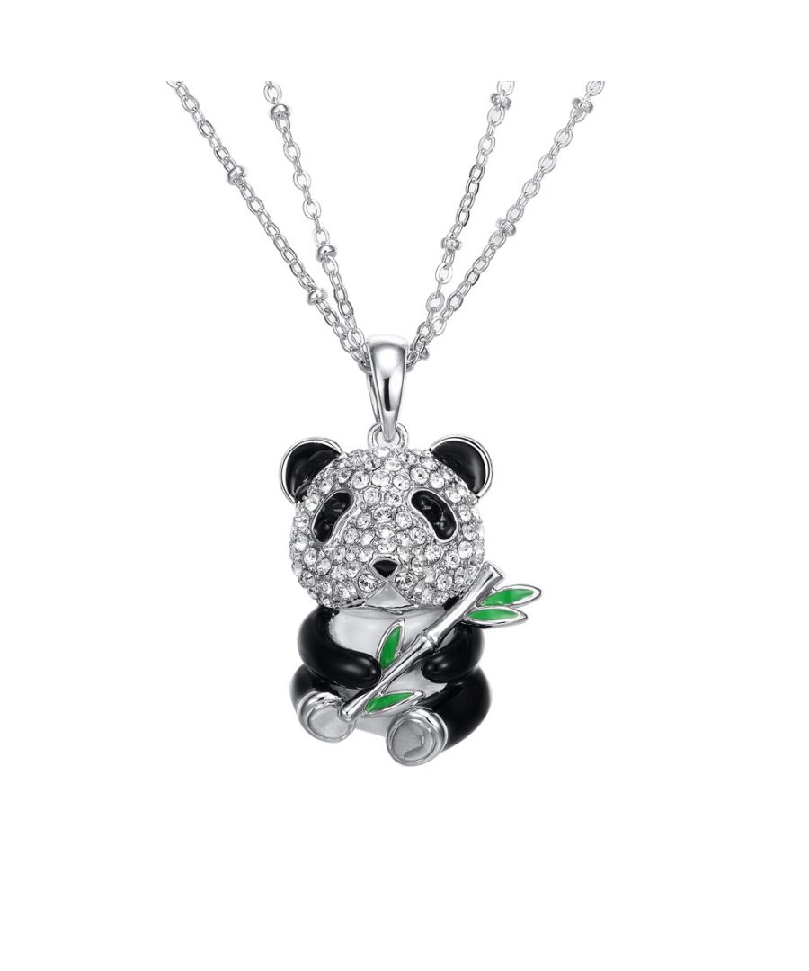 Panda Pendant Crystal Swarovski Elements This beautiful pendant is shaped like a Panda. His face is set with white Swarovski crystals. The rest of the body of the panda is black and white enamel. He holds in his paws a bamboo branch. The frame of the double chain is alloy high quality Rhodium plated for a perfect finish. Dimensions Panda: 3.2 x 2.4 cm Length: 42 cm and 5 cm adjustable Clasp Type: Lobster Clip This absolutely outstanding and gorgeous pendant sublimate your outfit!
