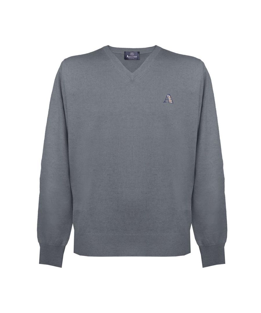 Aquascutum Medium Grey Check A Logo V-Neck Jumper. Aquascutum Check Logo Grey Knitwear Sweater. 50% Viscose, 25% Nylon, 25% Wool. Branded A In Classic Check On Left Chest. Regular Fit, Fits True To Size. 15007 01