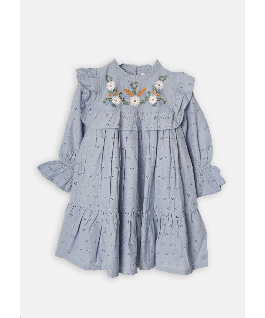 Your new go-to dress! A pretty tiered design in vintage   broderie with an intricately embroidered yolk. This beautiful dress will have you twirling into the new season in style!.  . About me: 100% Cotton. Look after me: Think planet. wash at 30c.