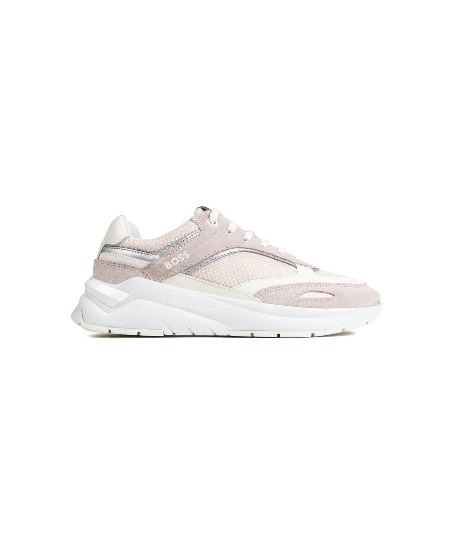 Womens pink Boss skylar trainers, manufactured with leather and a rubber sole. Featuring: clean details, canvas lining, padded ortholite insole and padded collar.