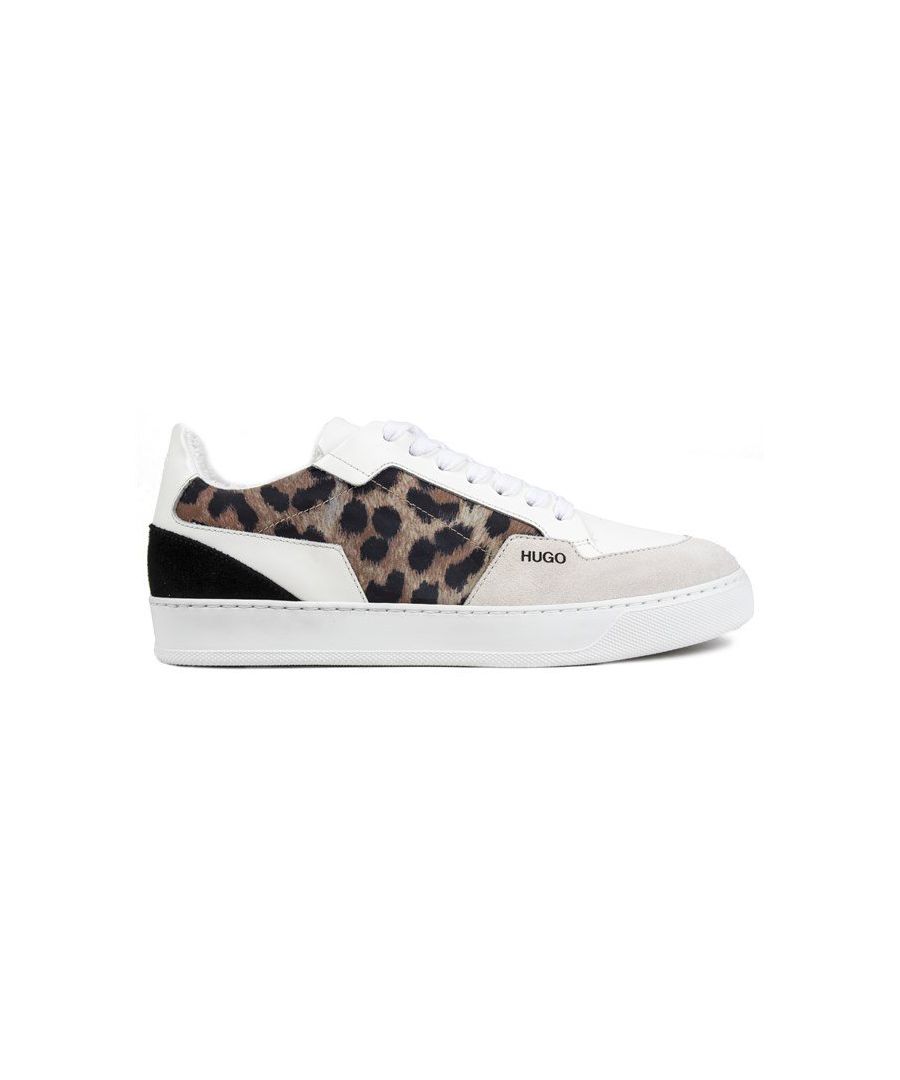 Women's White Hugo Vera Lace-up Trainers With Leather Upper Featuring Leopard Print Textile Side, Grey And Black Suede Toe And Heel Panels, And Embossed Logo On The Heel Pad. These Ladies' Sneakers Have A Soft Warm Lining With A Padded Insole And Collar, Finished With A Rubber Sole.