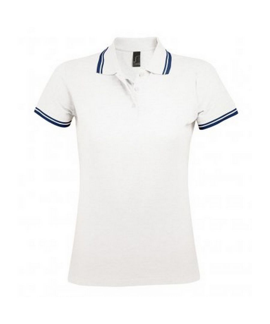 SOLS Womens/Ladies Pasadena Tipped Short Sleeve Pique Polo Shirt (White/Navy) Cotton - Size Medium