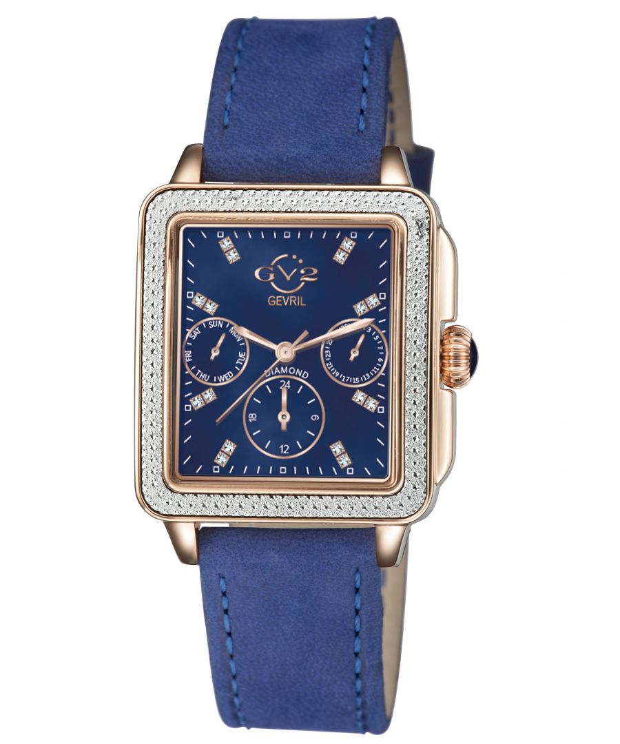 GV2 Dames Bari Suede goudkleurig Zwitsers quartz blauw lederen horloge