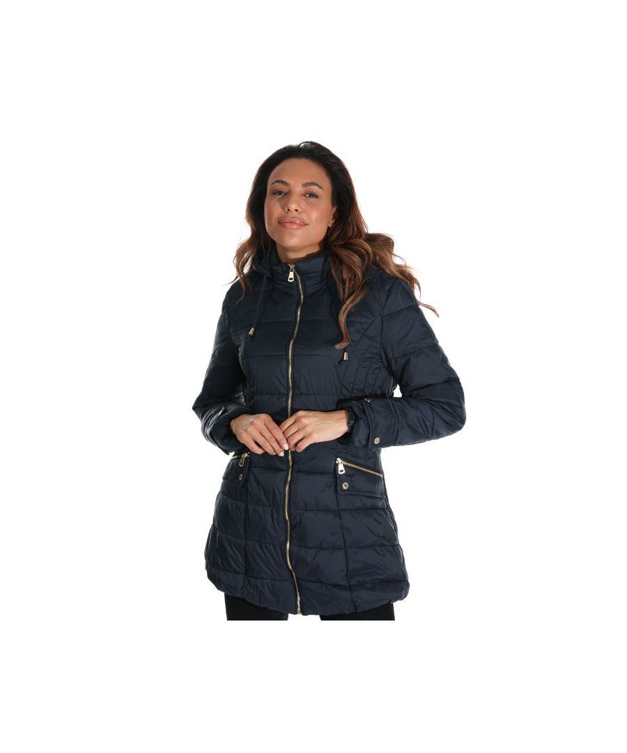 Womens Elle Hooded Parka Jacket in navy. – Lined hood. – Full zip fastening. – Two functional pockets. – 100% Polyester.  Machine washable. – Ref: 9552A