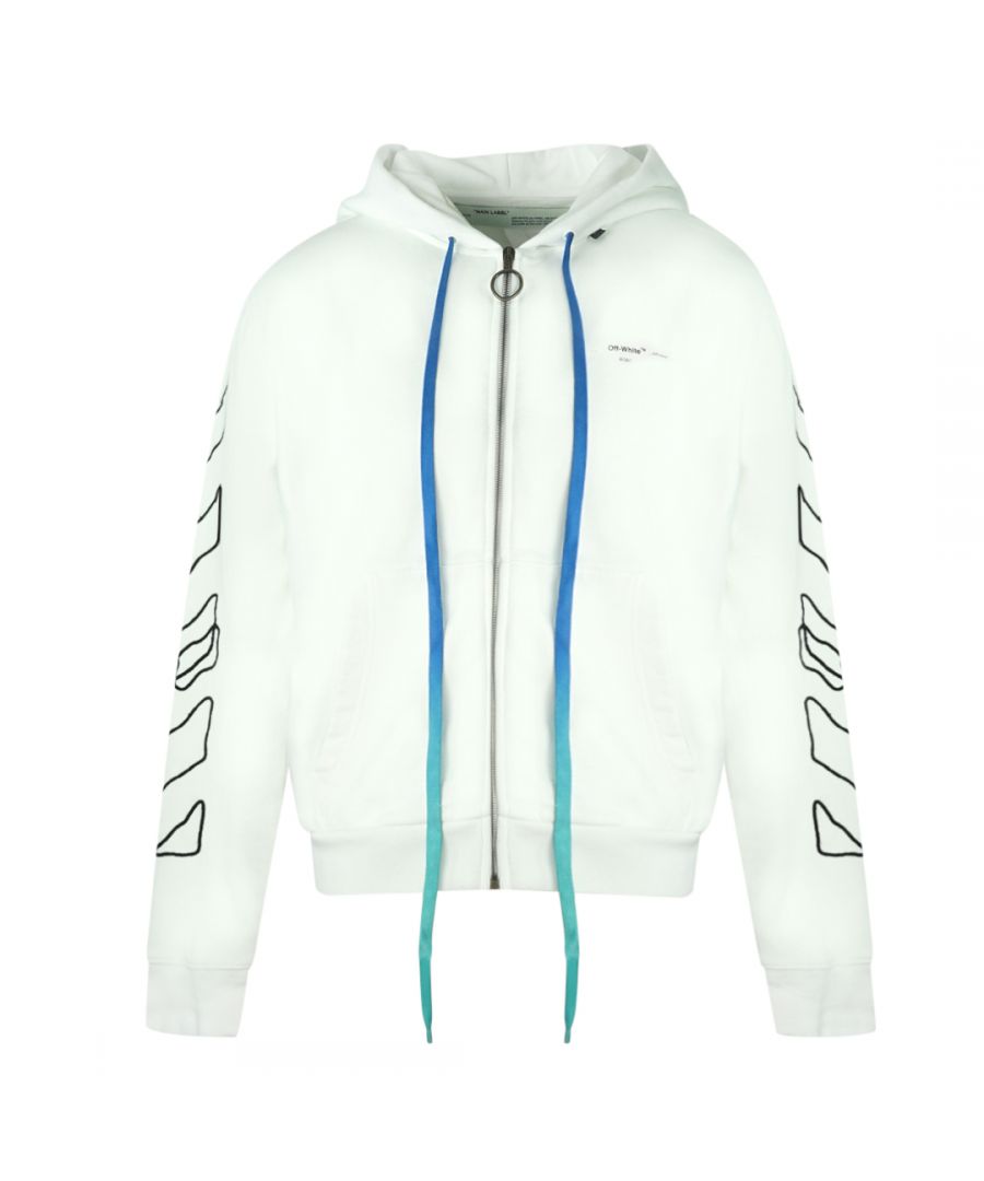 Off-White White Hoodie. Long Bright Gradient Drawstrings. Scribble Design. Drawstring Adjustable Hood. Style Code: OMBE001F19E300110110