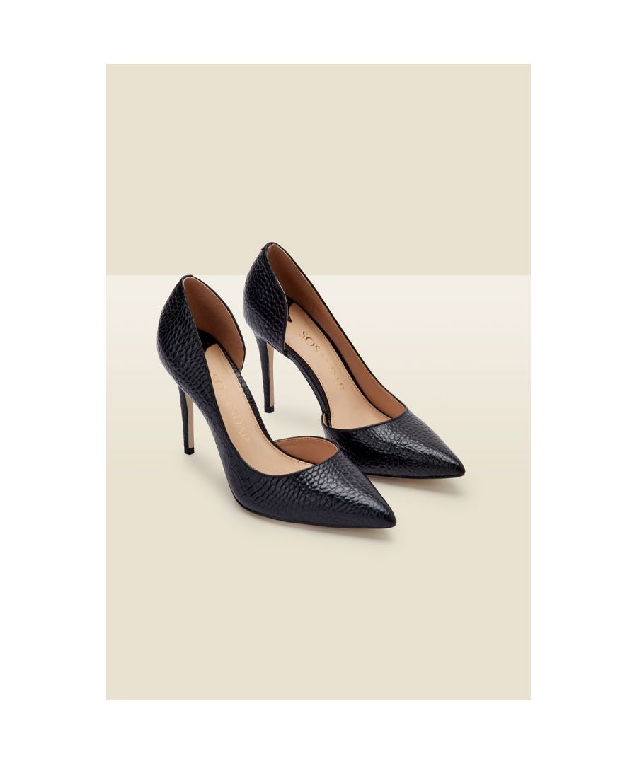 REASONS TO BUY: \n\nYou can't go wrong with a court shoe\nStatement cut out design\nLuxe croc leather finish\nClassic stiletto heel\nSexy pointed toe\nWear them for work and play