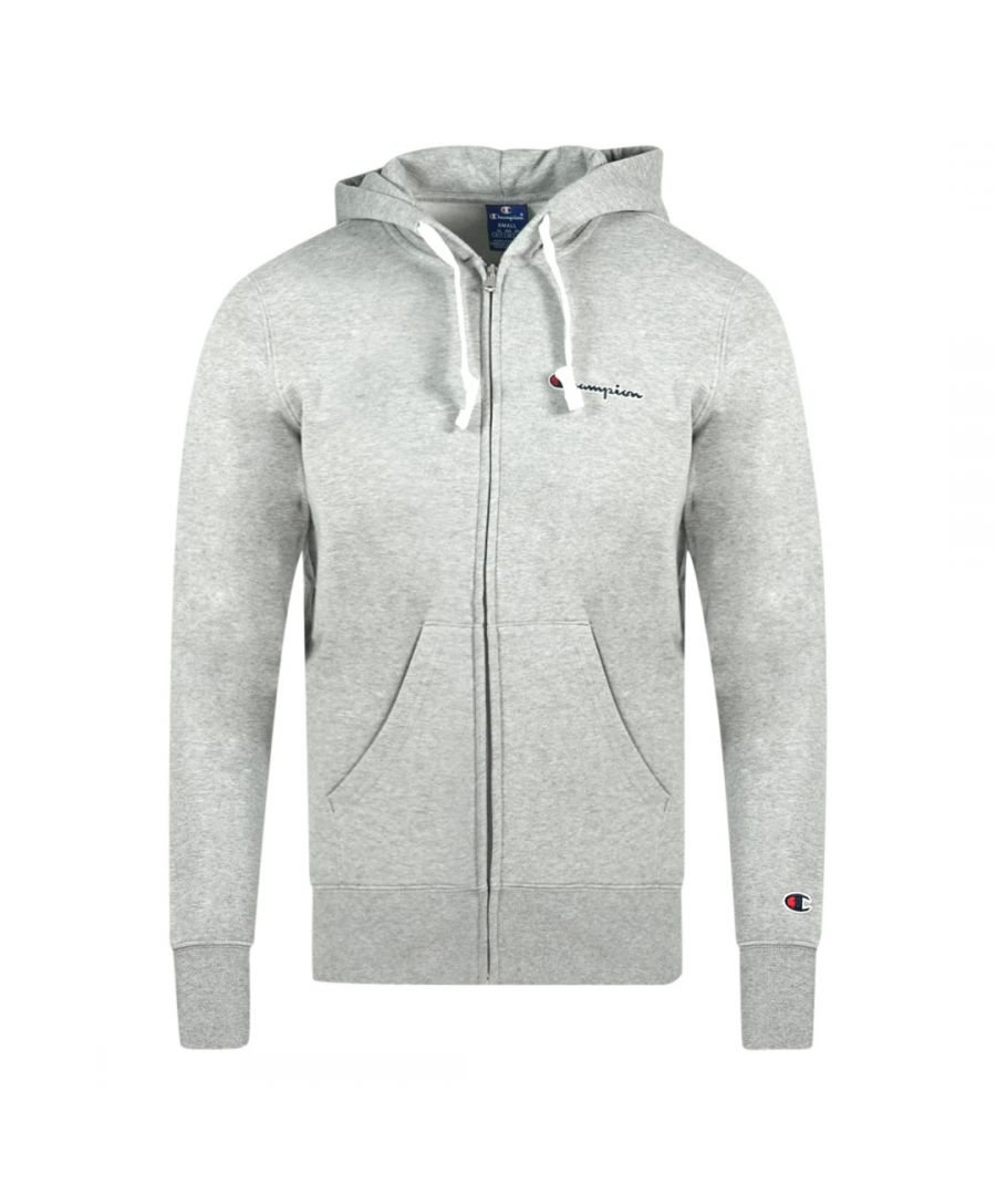 Champion Classic Script Logo grijze hoodie met rits. Kampioen grijze hoodie. Elastische mouwuiteinden en taille, capuchon met trekkoord. Voorzakken. 100% katoen. Stijlcode: 214719 EM031