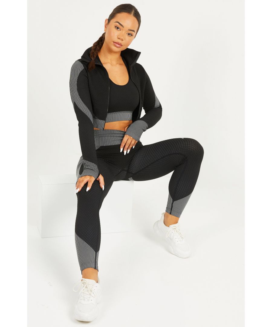 - Activewear  - Three piece set   - High waist  - Light support sports bra  - Cropped zipper   - Seamless  - Stretch style  - Model Height: 5' 7
