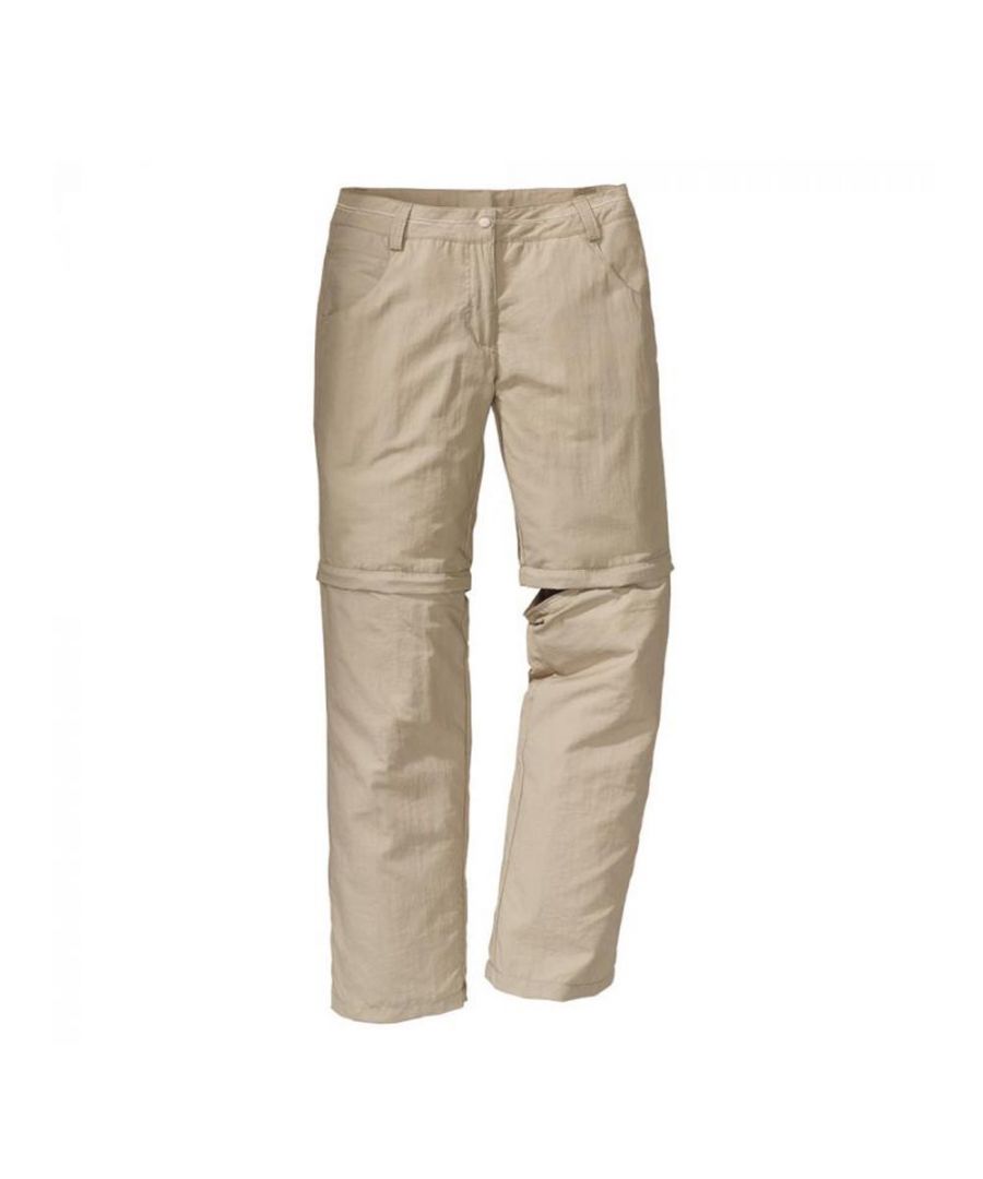 The Jack Wolfskin Marrakech Zip Off Womens Pants come made from a lightweight, smooth fast drying Supplex nylon material and offer a UV protection factor of 40+. Featuring a zip-off function so that you can wear them as shorts. Two front pockets, two back pockets and a secret pocket. Regular fit, classic cut with straight leg. Waistband sits a little above the hips (low waist).