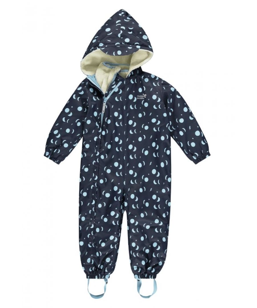 The 3 in 1 Muddy Puddles Scampsuit is your children’s best solution for staying dry and warm during outdoor play in all weathers. Designed to be worn in three different ways for maximum flexibility and practicality, the Scampsuit is made from recycled fabric from post-consumer plastic bottles to help you meet your eco goals.\n\nYour growing explorer will love its fun Enchanted print, that also serves the extra purpose of making your child easily identifiable at a distance. Whether wearing the inner suit alone indoors for relaxation and lounging, wearing the outer suit by itself on mild days for protection from drizzle and rain, or wearing both suits together to ensure maximum protection from the snow, heavy rain, or winter chill, the 3 in 1 Scampsuit is perfect for all kinds of adventures.\n\nFeaturing a high-tech, chemical-free Bionic Eco finish, the suit offers super-waterproofing to 10,000mm, while its pointed and adjustable hood features a fleecy, soft lining to improve your little one’s comfort on the coldest days. Every feature has been well-planned for convenience and practicality, from the wrist cuffs that are fully elasticated to the dual storm flap that prevents leaks from getting in. T\n\nhere are even double zips to make it easier than ever to get the suit off and on at speed. Your youngest adventurers under 12 months will be kept comfortable with fold-over feet and hand warmers on their suit, while older explorers between 1 and 6 years will benefit from adjustable stirrups that keep the suit in place over their wellies or boots.\n\nFEATURES\n• Waterproof to 10,000mm - ultra waterproof, designed for all-day play in heavy rain\n\n• Breathable to 3,000gm2 - prevents hot and sticky children when racing around outdoors\n\n• Made using recycled fabrics\n\n• Hardwearing herringbone fabric\n\n• Can be worn 3 different ways - with the inner suit (super warm & waterproof), without the inner suit (waterproof) or the inner suit on its own (cosy and comfy for lounging about)\n\n• Removable fleece inner suit for milder days\n\n• Soft coral velvet fleece hood lining\n\n• Adjustable stirrups\n\n• Elasticated wrist cuffs and dual storm flap to stop the rain from getting in\n\n• Adjustable hood\n\n• Double zips for 0-12m for easy on and off\n\n• Fold over feet and hand warmers for 0-12 months\n\n• Machine washable\n\nMATERIALS\nOuter: 100% recycled polyester. Lining: 100% recycled polyester. Coral velvet fleece: 100% recycled polyester\nBIONIC-FINISH®ECO fluoride free waterproof coating