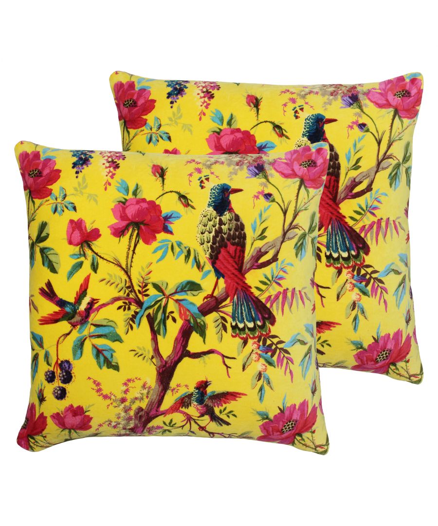 The Paradise cushion cover will bring a unique twist to any room with its Indian inspired nature print. Created in the chinoiserie style with an intricate display of birds and flowers this cushion will bring a whole new dimension to any room. The velvet feel fabric is perfect for sofas and beds giving these gorgeous cushions a wonderful sheen. Complete with knife edging and a hidden zip closure. Available in three distinct colourways there's a cushion for everyone whether you're likely to go the bold route of bright yellow or prefer to play it safe with uniform black. Made of 100% cotton fabric this cushion is super soft and cosy. This cushion cover is easy to care for as it is machine washable at 30 degrees and iron appropriate. Lay flat to dry for the best results.