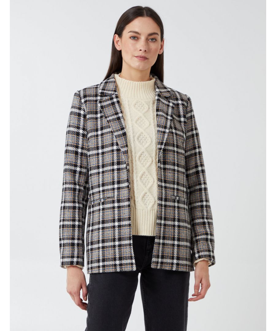 Throw on this check blazer with just about anything, and look formal and super chic., AM to PM dressing never looked so good!\n100% Polyester, Hand wash, Open front, Long sleeve, Approx length 69 cm, Unfastened