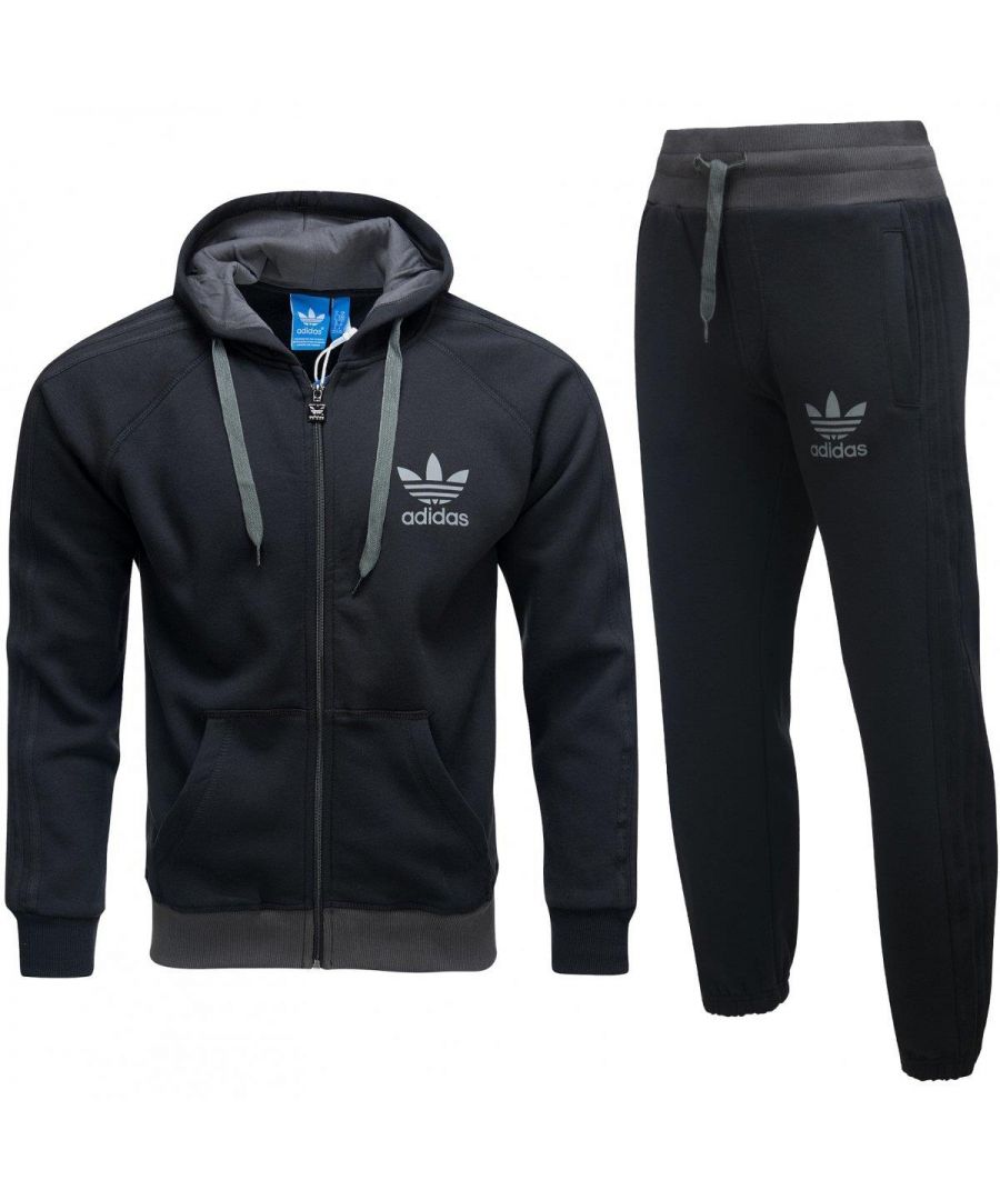 Adidas Originals Mens Spo Tracksuit Full Zip Tracksuit Set.      \n\nPrinted Adidas Trefoil Logo on Left Chest and on the Left Leg of the Jogger.      \n\nAdidas Trademark 3 Stripes on Top and Bottom.      \n\nDrawstrings Hood and Joggers.     \n\nElasticated Waist and Ankles, Brushed Back Fleece, Two Side Pockets.