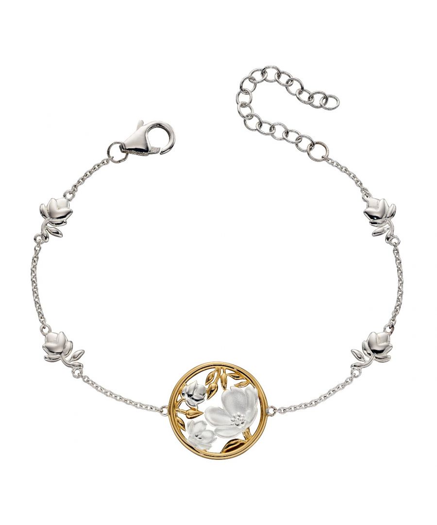 Elements Silver 925 sterling silver Cherry Blossom flower disc station bracelet featuring a modern mix of brushed and polished finishes Features genuine yellow gold plated sterling silver details and also an anti tarnish plating Ladies bracelet of length 16cm with a 4cm extender chain Height: 17mm, Width 20mm, Depth 2mm, Metal weight 4g, Total weight 4g Comes Complete with branded Elements box, perfect for storing the bracelet and ideal for gifts / gifting