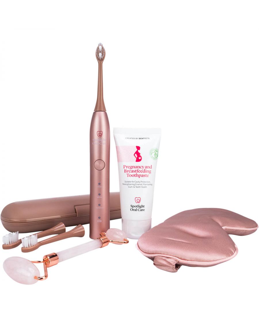 Supporting oral health during pregnancy\n\n\n\n\n\nAll in one kit with Sonic Toothbrush, Pregnancy Toothpaste, Pink Jade Roller and Eye Mask\n\nVegan formula free from toxins\n\nPregnancy toothpaste offers safe oral care during pregnancy\n\nEye mask for deep sleep is the perfect mum to be gift\n\nPink jade roller lifts and contours the face\n\nUse daily for 2 minutes for pregnancy dental care\n\n\n\n\n\nThe Spotlight Oral Care Mum To Be Gift Set is the perfect pregnancy gift set. The pregnancy toothpaste and sonic toothbrush, with 3 settings and 3 heads maintains a new mum's oral health in a gentle way. The formula is 100% vegan and non-toxic which is safe for baby and mum.\n\nThe pink jade roller offers an escape from tension and better skincare product absorption.\n\nAnd the pink eye mask allows the sleepy mum to be to drift off into an undisturbed rest. The Spotlight Oral Care Mum To Be Gift Set is a thoughtful all-in-one mum to be gift.\n\n\n\n\n\nSpotlight Oral Care Sonic Toothbrush\n\nSpotlight Oral Care Pregnancy Toothpaste 100ml\n\nSpotlight Oral Care Pink Jade Roller\n\nSpotlight Oral Care Pink Eye Mask\n\n\n\n\n\n READ MORE \n\n\n\n\n\nWhy it works\n\nThe Spotlight Oral Care Mum To Be Gift Set contains pregnancy toothpaste in a 100% recyclable sugarcane tube that's free from nasties and safe for mum and baby.\n\nThe vegan formula contains both folic acid and fluoride to protect gum health. When used with the sonic toothbrush, new mums can choose from three different modes (Sensitive, Clean and White) for the perfect brushing routine. Use morning and night to maintain oral health during pregnancy.\n\nThen follow your cleansing routine with a jade rolling session to activate drainage in the face for smoother facial contours.\n\nFinish your routine by popping on the eye mask for your perfect night of restful sleep.\n\n\n\n\n\n\n\n\n\n\n\n\n\n\n\nit's as simple as\n\nStep 1: Apply pregnancy toothpaste to the damp sonic toothbrush.\n\nStep 2: Place in your mouth and turn on. Brush all surfaces of your teeth and gums. Do 30 seconds on each quadrant of your mouth.\n\nStep 3: The device timer will go off after 2 minutes. Rinse and store.\n\n\n\n\n\n\n\n\n\nmake it personal\n\nIf you still get morning sickness, wait one hour before brushing so you don't strip your enamel. You can use any of the three speed settings on the sonic toothbrush to get the perfect clean with the Spotlight Oral Care Mum To Be Gift Set.\n\nFor added de-puffing, place the jade roller in a few centimetres of cool water to lower its temperature before use. Use every day by rolling in upward strokes to firm the contours of your face and help your skincare products absorb into the skin.\n\nFollow with the eye mask to block unwanted light for a more restful night's sleep.\n\n\n\n\n\n\n\n\n\n\n\n\n\n\n\nDiscover more\n\n\n\nHow To Use Our Sonic Toothbrush How to Maintain Good Oral Health during Pregnancy\n\n\n\n\n\n\n\n\n\n\n\n\n\n\n\n\n\n\n\n\n\n\n\n\n\n\n\n\n\n\n\n\n\nAdditional Information\n\n\n\n\n\nSpotlight Oral Care Pregnancy Toothpaste 100ml Ingredients: Glycerin, Aqua, Hydrated Silica, Cellulose Gum, Aroma, Xylitol, CI 77891, Cocamidopropyl Betaine, Stevioside, Sodium Flouride, Hydroxyapatite, Sodium Chloride, Calcium Gluconate, Cyanocobalamin, Folic Acid