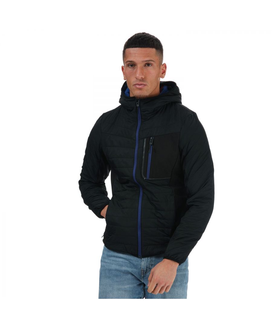 Mens Superdry Convection Hybrid Jacket in black.- Double layer hood with fleece lining.- Full zip fastening.- Three front pockets.- Elasticated cuffs and hem.- All over quilted design.- Rubber logo badge on one sleeve.- Reflective detailing on the zip.- Lower Body: 90% Polyester  10% Nylon. Lining: 100% Polyester. Padding: 100% Polyester. Machine washable. - Ref: M5010188A02A