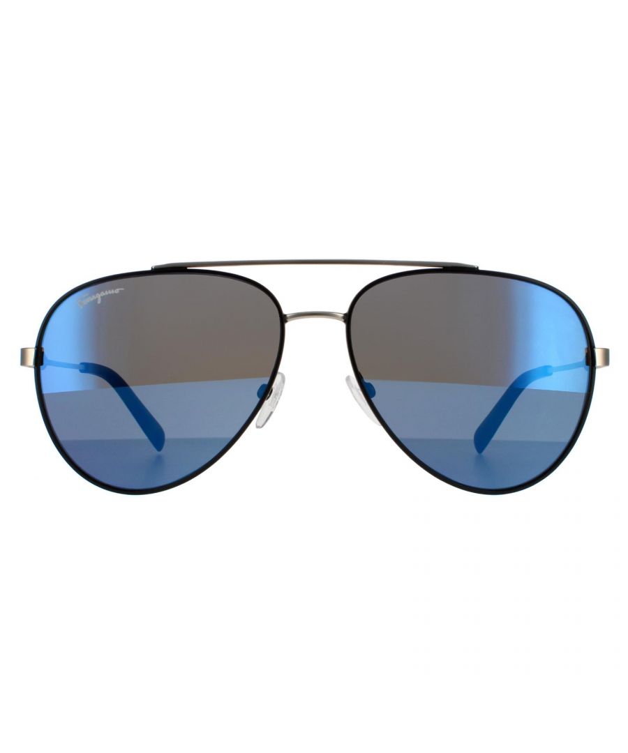 Salvatore Ferragamo Aviator Mens Black Matte Dark Ruthenium Flash Blue Sky 90041091 Salvatore Ferragamo are a classic aviator style made from lightweight metal and features a double bridge, plastic nose pads and temples tips and Ferragamo etched branding next to the hinges.