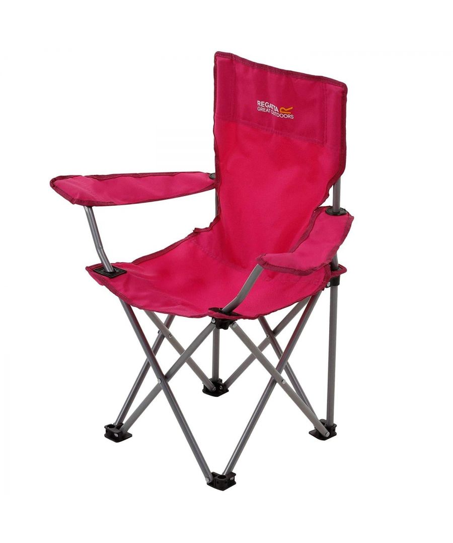 100% Polyester. Lightweight folding kids chair. Polyester fabric and steel frame. Safety leg locking mechanism. Maximum load - 50kg. Includes storage bag.