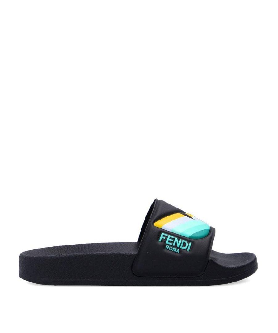These slip-on sandals from Fendi Kids have boasted eyes on the cushioned footstrap in yellow, white and green with the iconic branding alongside them, a gently moulded footbed and non-slip sole.