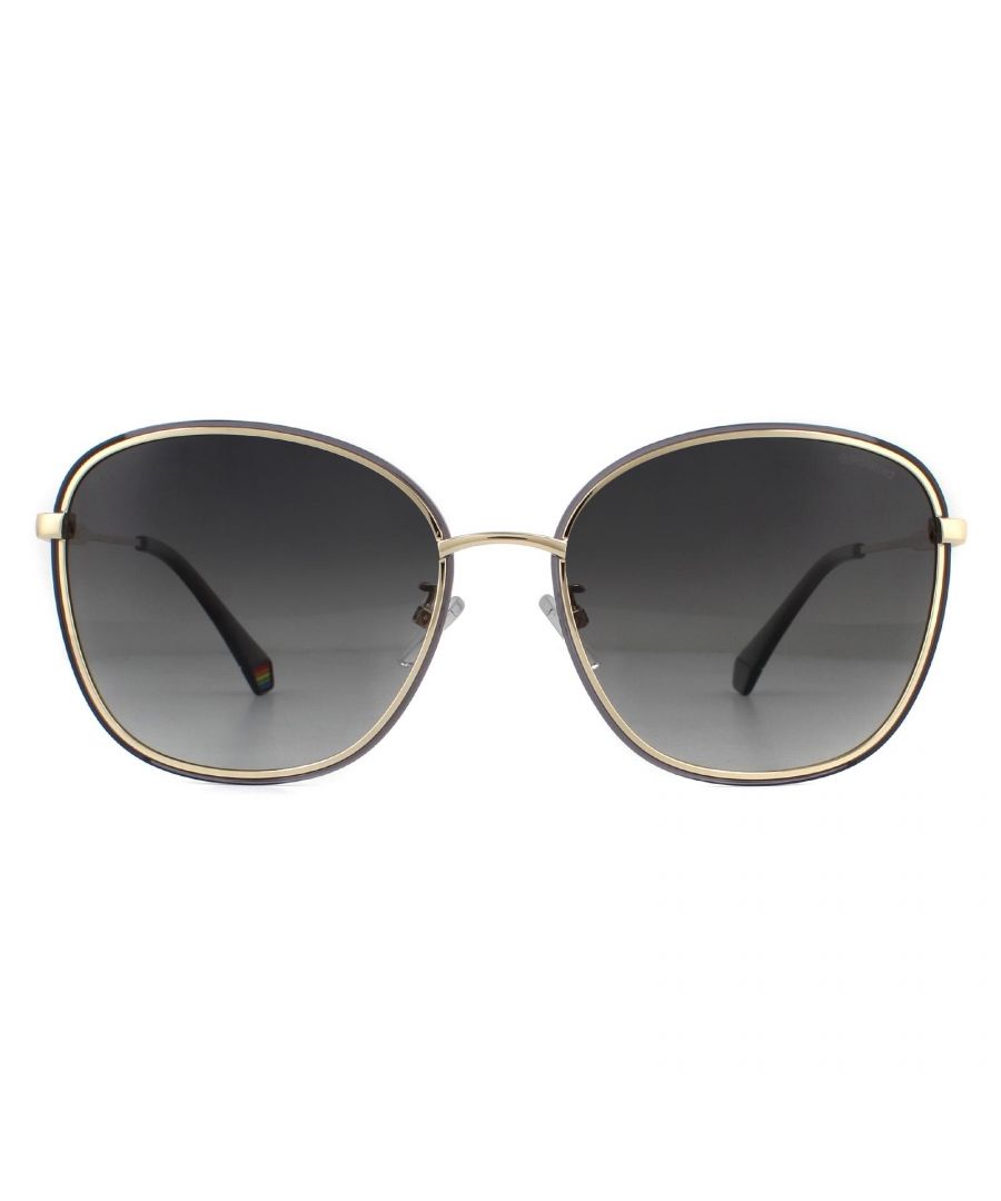 Polaroid Sunglasses PLD 6117/G/S RHL LB Gold Grey Black Grey Gradient Polarized are a oversized square shaped lenses housed in a delicate metal frame. Slim temples are finished with plastic tips decorated with the Polaroid pixel logo for brand authenticity