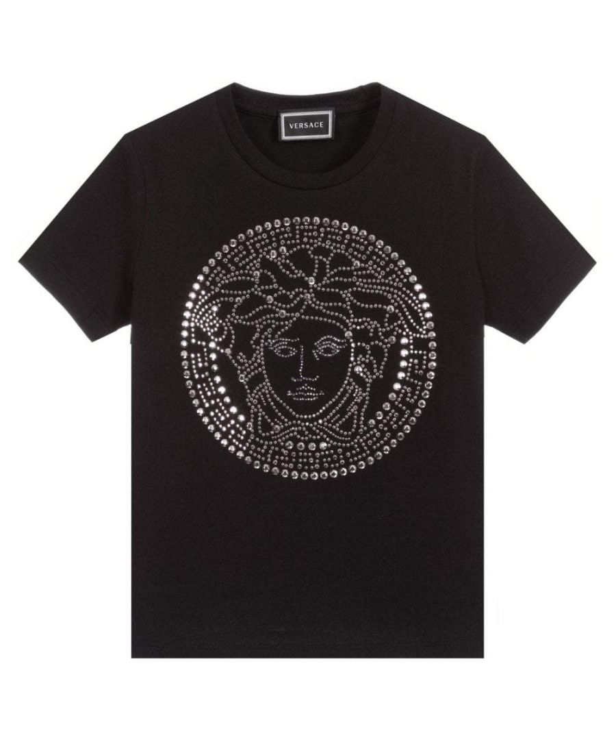 This Young Versace Kids T-shirt in black, features the Medusa emblem logo on the front in studs.