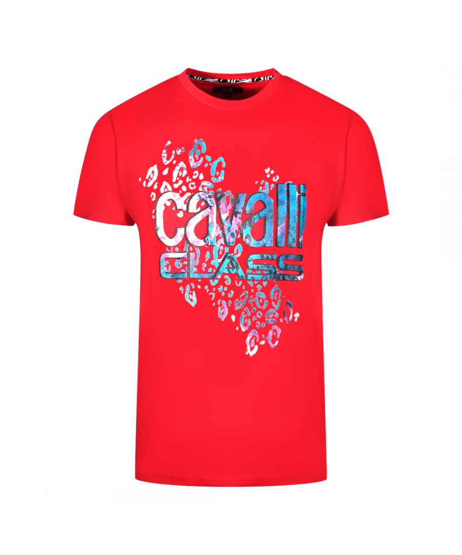 Cavalli Class Leopard Print Logo Red T-Shirt. This cavalli class red T-Shirt is the perfect way to add life to your wardrobe. Crafted from 100% cotton in a regular fit, it features a jaw-dropping leopard print gradient look that will turn heads. Enjoy comfort and a Cavalli Class red Tee with a crew neck and short sleeves. Style with confidence!. Crew Neck, Short Sleeves, Cavalli Class Red Tee. 100% Cotton, Leopard Print With Gradient Look. Regular Fit, Fits True To Size. Style Code: QXT61T JD060 02000