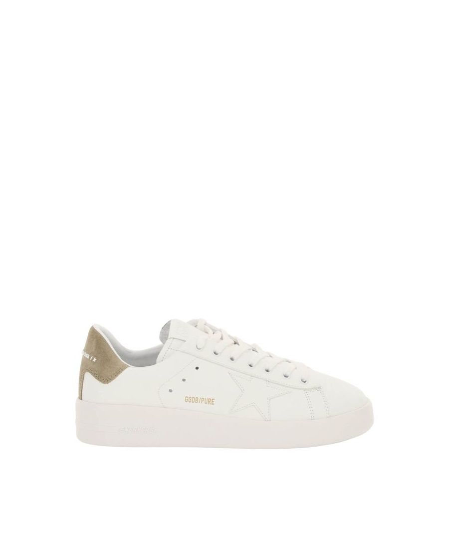 PURE-STAR leather sneakers by Golden Goose with tone-on-tone side star, contrasting suede leather heel tab, painted metal eyelets and side perforations. Rubber logo on the tongue and on the back and side gold-tone logo print. Fabric and leather lining, leather insole, rubber sole with side embossed lettering.