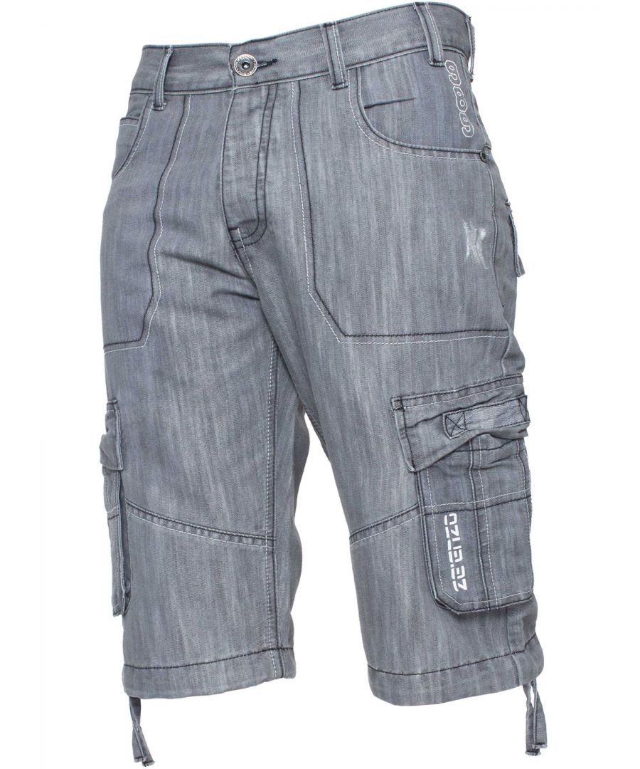 These EZS404 Enzo Mens Cargo Combat Shorts features 2 front pockets, 2 back pockets, 2 side 1- Coin pockets, Branded Buttons and Rivets, and a zip fly fastening. Crafted from 60% Cotton and 40% Polyester, these Loose comfortable and sturdy Combat Denim Shorts are available in 28” Inside Leg only. The sizes in the dropdown are in Inches.