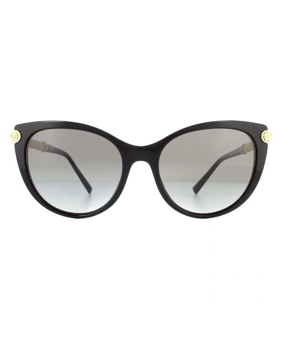 Versace Sunglasses VE4364Q 529911 Black Grey Gradient are a chic upswept cat eye design for women. Handcrafted leather wraps around tubular temples flaunting golden metal caps. A new Medusa head medallion is integrated into the tubular metal end pieces. Easy to wear and comfortable, they're the perfect accessory for the upcoming season.
