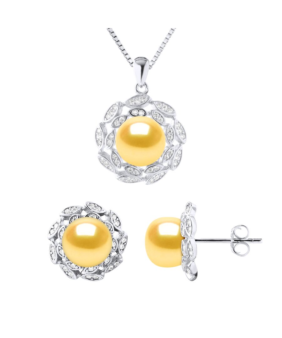Image for Adornment Necklace & Earrings FLOWER Sweet Water Beads Golden 9-10 mm 925