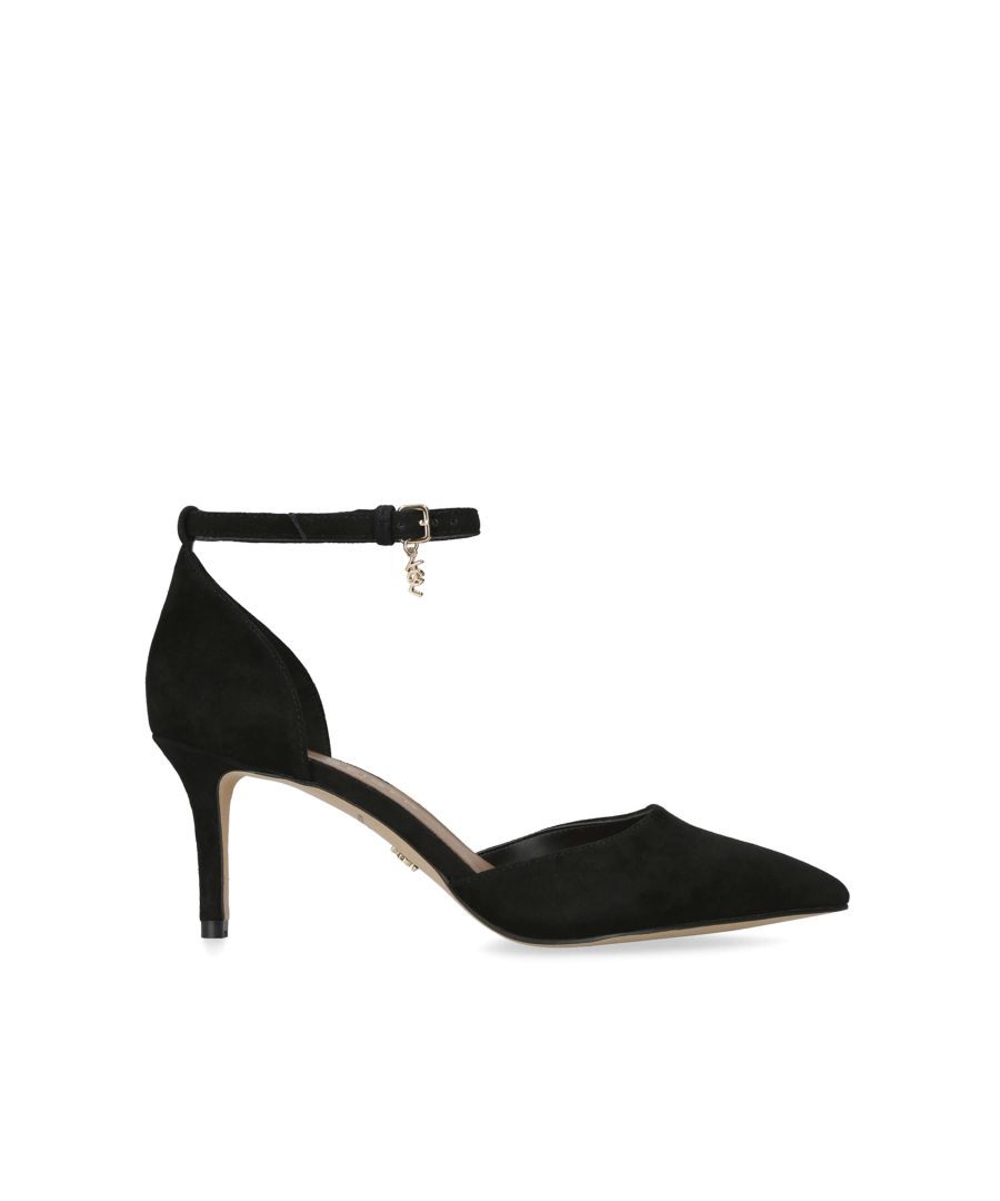The Kurt Geiger London Holland Court features a soft black upper in suede leather. The ankle strap has a small KGL charm. The heel sits at 7.5cm.