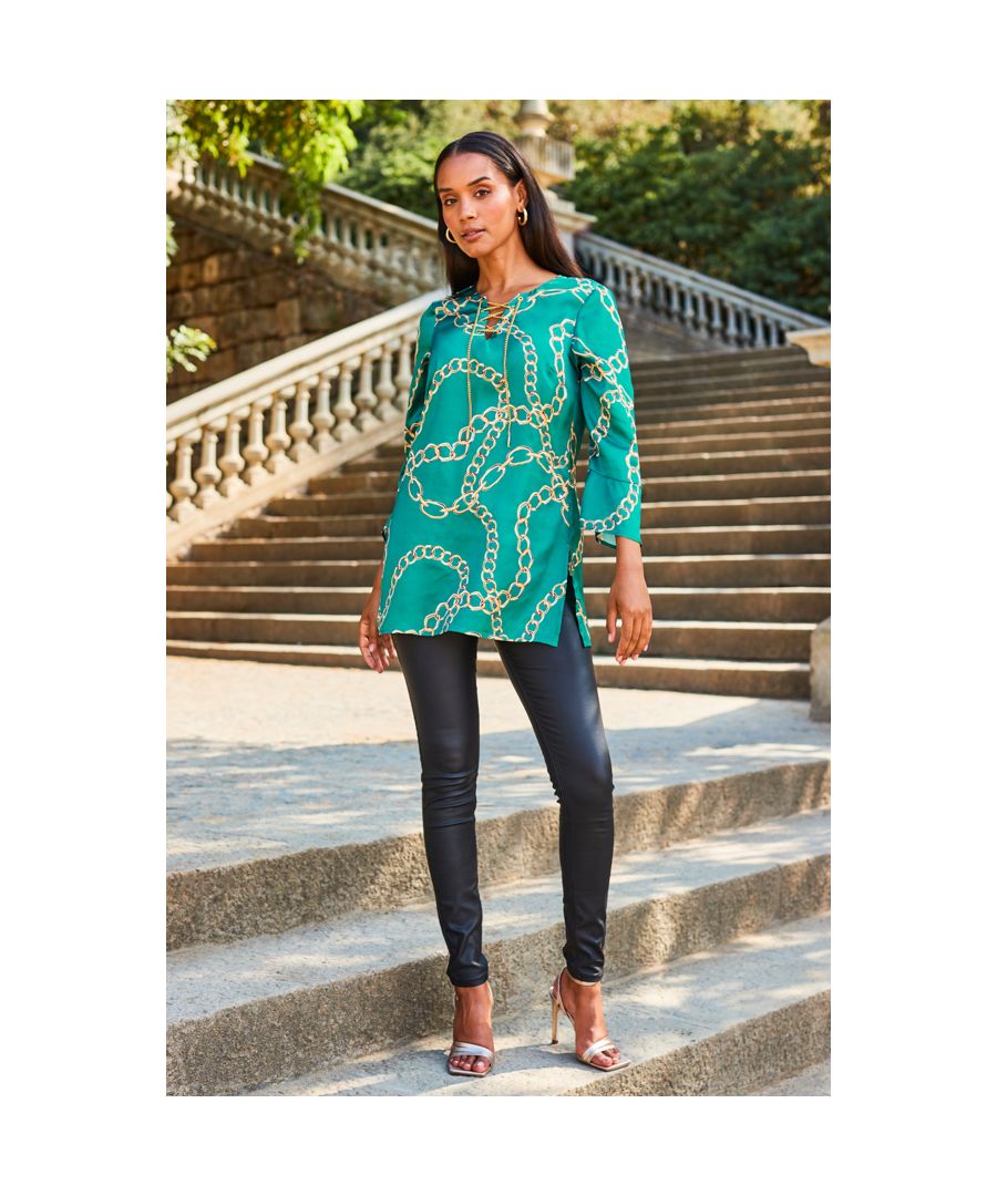 Sosandar Womens Teal Chain Print Lace Front Longline Tunic Top - Green - Size 10 UK