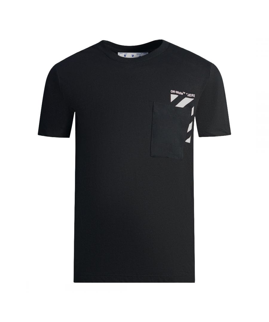 Off-White Diag Pocket Black T-Shirt. Off-White Black Tee. Diag Design Around Pocket, Pocket On Chest. Crew Neck, Short Sleeved. 100% Cotton. Style Code: OMAA128C99JER001 1001