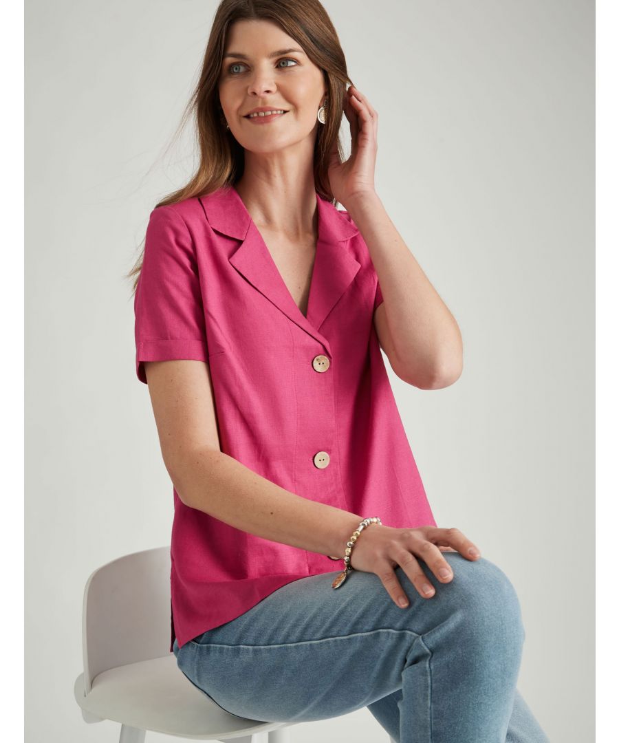 Show off a pop of color with this fitted top. This blouse features a straight hem, collar detailing, button fastening, short sleeves, V neckline, hot weather-friendly fabric material. This v shaped neckline is perfect for those days when you want to show off some skin! Pair it with shorts or jeans and enjoy this summer staple. -- Feeling like you could use a little extra coverage in this scorching hot weather? This blouse is your go to! With a regular hem and v neckline, it's perfect for all day wear. Get a chic activewear style this summer in this fitted cap sleeve top. It features an elasticised waist, button closure and is cut to flatter your figure. -- Stylish and cool, this fashion statement will show off your figure in the best way possible. With a cap sleeve length and a v neckline, it's the perfect top for hot weather. A modern take on a classic! This top features a regular hem with a collared collar that's brought out with button detail. -- This blouse is the perfect summer top for those who like to keep it simple. Made from lightweight materials, this v neckline and short sleeves will keep you cool all day long. This polo top features collared necklines, button fastenings on the sleeves, regular hem length with a straight hemline. -- This top is the perfect transitional piece for those days when summer heat is on. With its straight hem, fitted style, short sleeves, tennis neckline, this top will be a must-have during this hot weather season. A timeless classic that's always on trend! This blouse features front buttons with a regular hemline. -- This top is the perfect shape to wear on those warm days. With a fitted silhouette, straight hem, cap sleeves, collar neckline, button closure, this blouse is hard not to love. With a v neckline and short sleeves, this top is contemporary and trendy. Wear this summer top with jeans or leggings for an effortless look.Material:  55% Linen / 45% Viscose