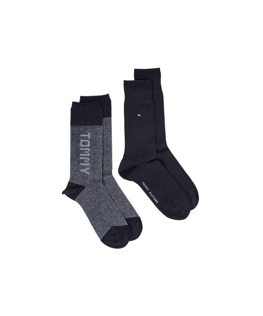Mens blue Tommy Hilfiger 2 pack casual socks, manufactured with cotton. Featuring: twin pack, woven branding, medium fits uk 6-8 and large fits uk 9-11.
