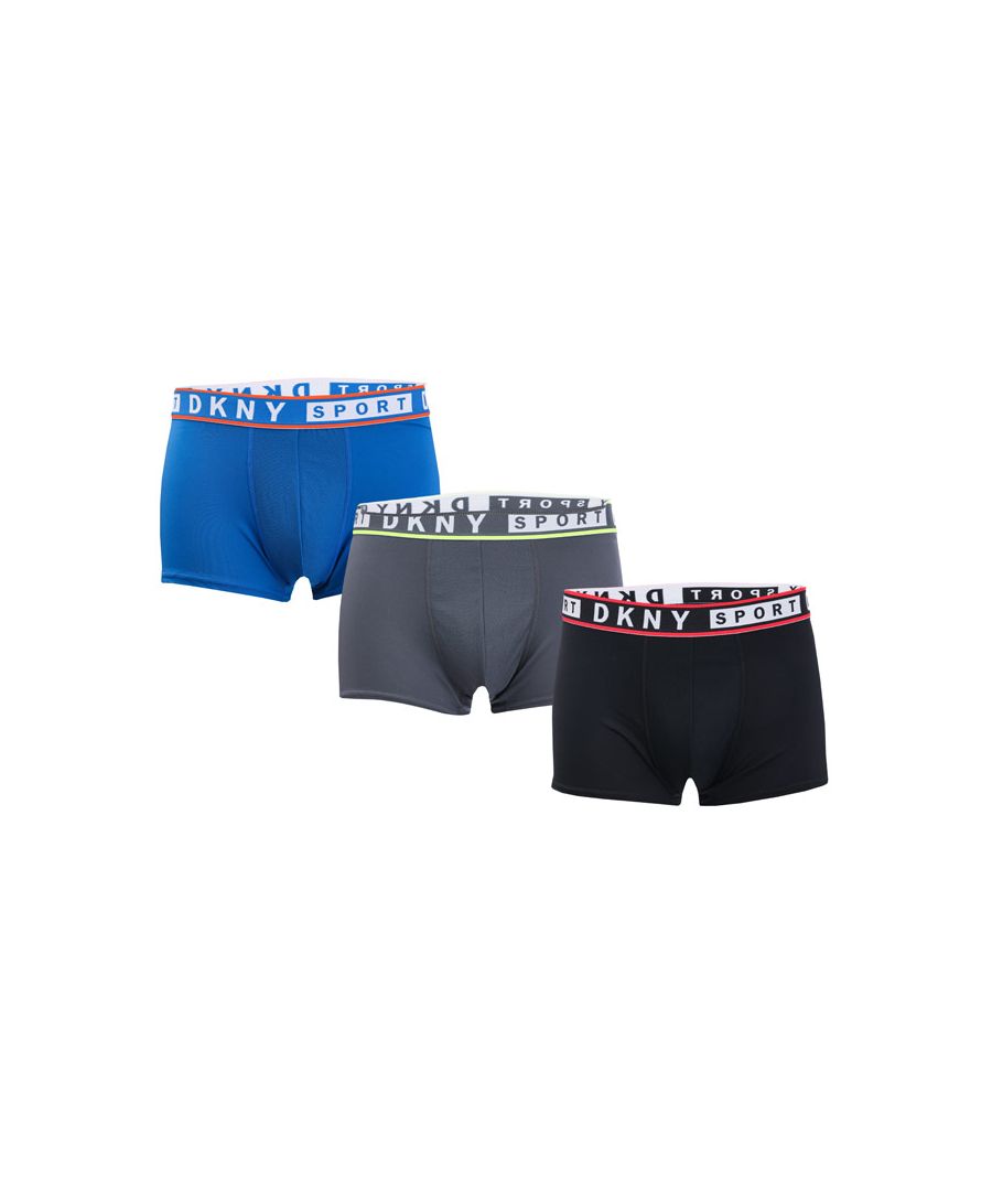 Mens DKNY Monterey 3 Pack Sport Boxer Shorts in black blue.- Elasticated waistband with DKNY branding.- 3 pack.- Fibre Content: 92% Polyester   8% Elastane. Mesh: 100% Polyester. Machine washable.- Ref: U56637DKY