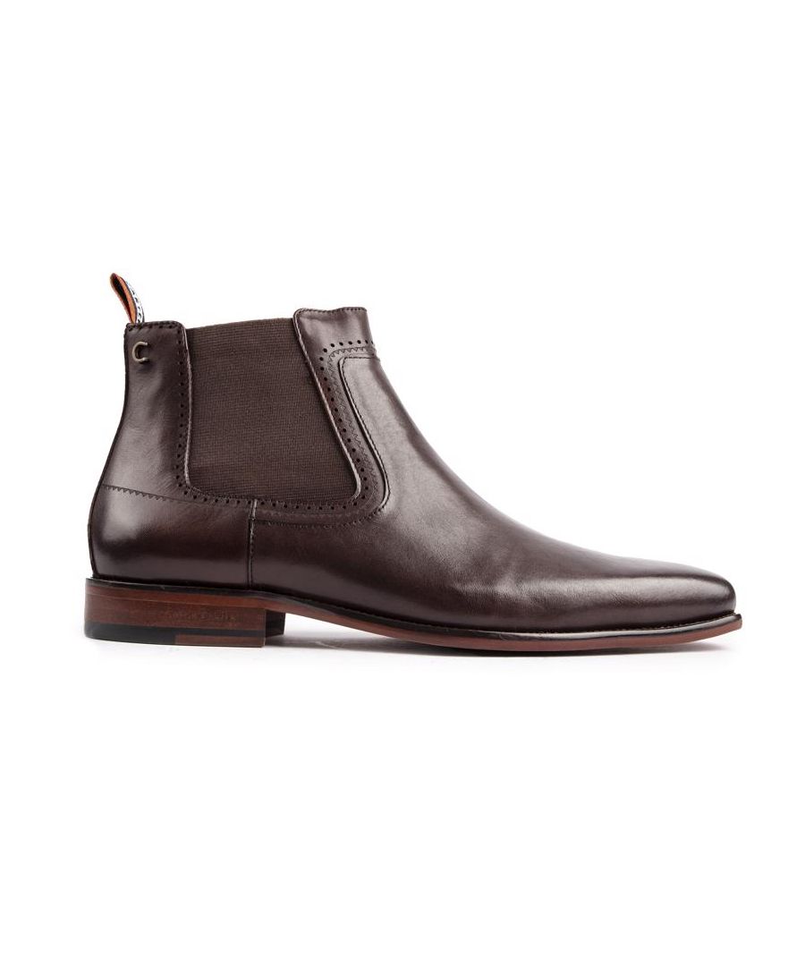 Men's Brown Simon Carter Terrier Pull-on Chelsea Boots With Smooth Leather Upper, Double Elasticated Gussets And Delicate Stitch Detailing. These Premium Ankle Boots Have An Elongated Toe, Branded Heel Pull Tab And Leather Lining And Exclusive Simon Carter Queuing Dog Print, Finished With A Synthetic Sole.