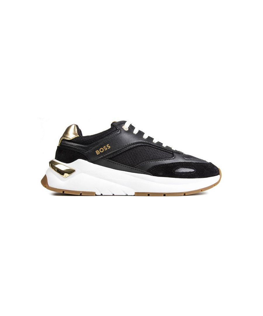 Womens black Boss skylar trainers, manufactured with leather and a rubber sole. Featuring: clean details, canvas lining, padded ortholite insole and padded collar.