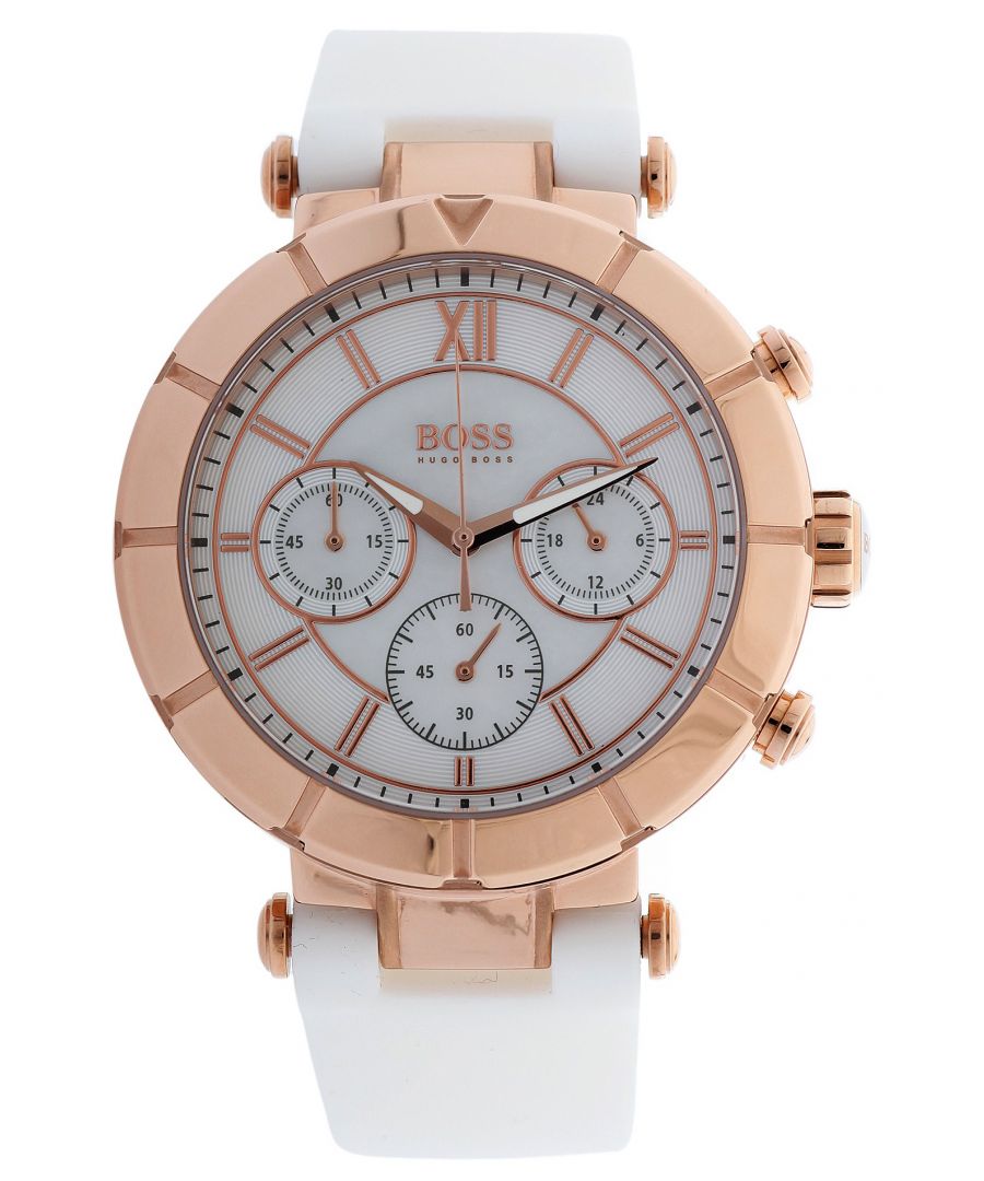 This Hugo Boss  Chronograph Watch for Women is the perfect timepiece to wear or to gift. It's Rose Gold 40 mm Round case combined with the comfortable White Rubber watch band will ensure you enjoy this stunning timepiece without any compromise. Operated by a high quality Quartz movement and water resistant to 5 bars, your watch will keep ticking. Elegant watch perfect for all kind of business, casual, indoor activities or daily use -The watch has a Stopwatch,Luminous Hands,Stopwatch and 24 hour display High quality 19 cm length and 20 mm width White Rubber strap with a Buckle closure Case diameter: 40 mm, Case height: 11 mm and Case color: Ip-rosé/Dial color: Mother of pearl