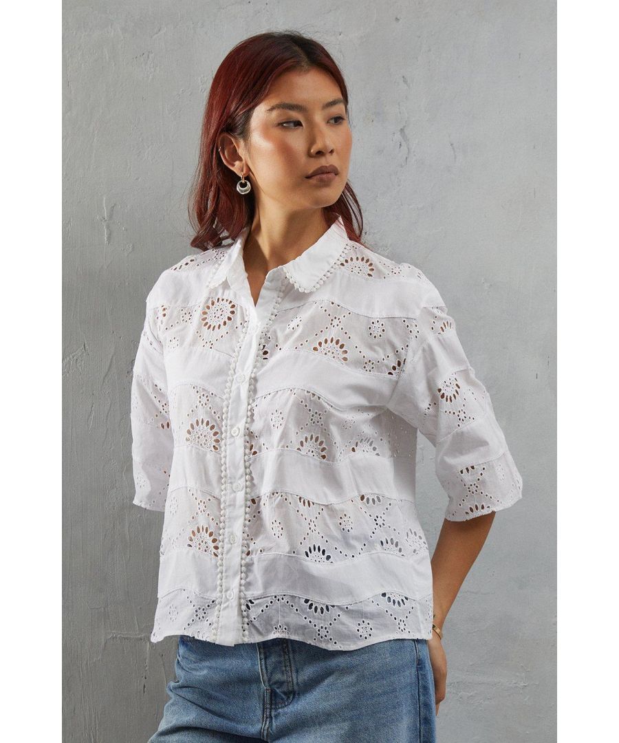 Warehouse Womens Lace Mix Scallop Hem Crop Shirt - White Cotton - Size 10 UK