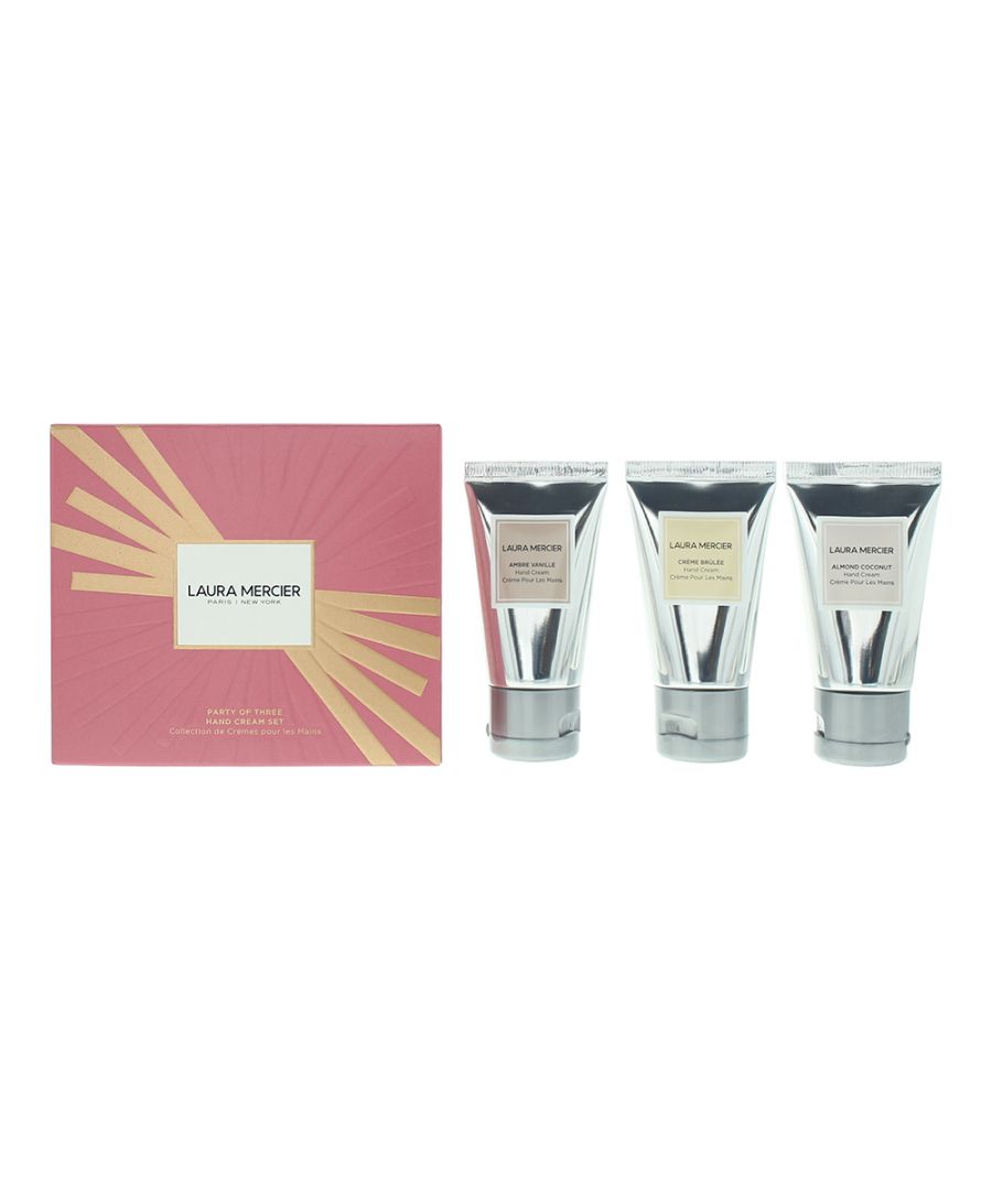 The Laura Mercier Party Of Three Hand Cream Set is the ideal hand care pamper set. The set contains three hand creams, with one being Almond Coconut, one being Creme Brulee and one being Ambre Vanille. The creams have been designed to nourish and moisturise the hands, leaving them feeling soothed, smooth and soft to touch. The creams are all fragranced with gorgeous, sweet and indulgent scents.