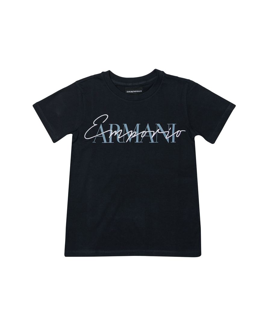 Infant Boys Armani T- Shirt in navy.- Ribbed crew neckline.- Short sleeves.- Emporio Armani logo is in a stitch detailed design on the chest.- 100% Cotton. Machine wash at 30 degrees.- Ref: 3G4TG200Z0922I