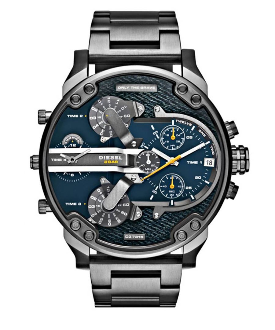 Diesel DZ7331 DADDY 2.0-horloge. Oversized, analoog horloge met roestvrijstalen kast met grijze PVD-beplating, uitgerust met een chronograaf en kwartsuurwerk. Het horloge heeft een roestvrijstalen band en een grijze/blauwe wijzerplaat. Gratis standaardverzending EAN 0698615103515