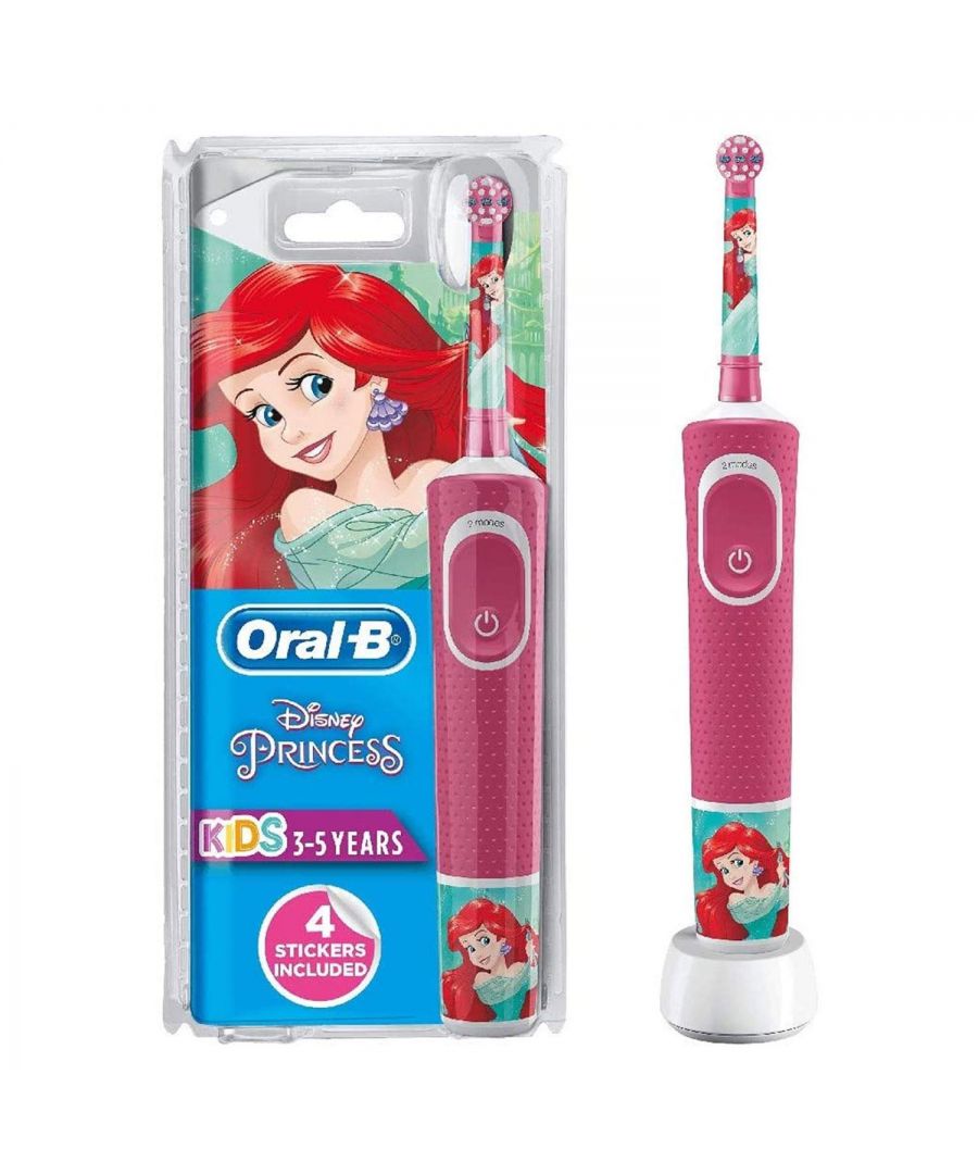 Oral-B Power Kids Electric Rechargeable Toothbrush Featuring Disney Princesses.  The Oral-B Stages Power Kids Electric Toothbrush, featuring fun and friendly Disney princesses, puts the power of clean in little hands. This rechargeable electric toothbrush features extra-soft bristles for young mouths and is compatible with the Disney MagicTimer app by Oral-B. Download the app to help your kids brush for a dentist-recommended 2 minutes and learn proper oral care habits that will last them a lifetime.\n\nFeatures:\n\n  Rotating powerhead reaches, surrounds and thoroughly cleans multiple surfaces\n  Extra-soft bristles clean teeth as gently as a soft manual brush\n  Removes more plaque than a regular manual toothbrush\n  Makes brushing teeth fun with Disney Princess characters\n  Compatible with the Disney MagicTimer App by Oral-B to help kids brush longer\n  9 out of 10 kids will brush longer with the MagicTimer App\n  Rechargeable battery lasts up to 5 days\n\nThe Box Contains:  Oral-B Stages Power Kids Electric Toothbrush Featuring Disney Princess, 1 Kids toothbrush head, 1 Toothbrush charger with a UK 2 pin plug