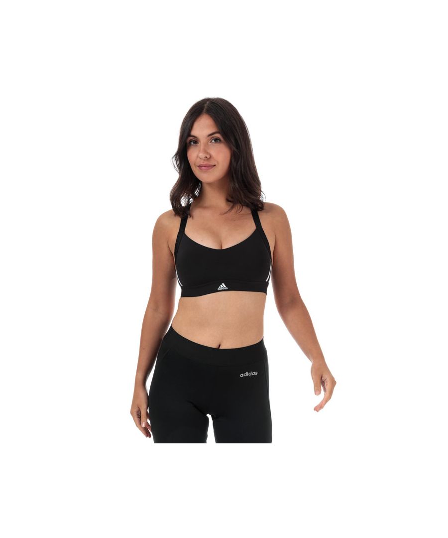 Womens adidas All Me 3-Stripes Sports Bra in black.<BR><BR>Light support bra made for a smaller bust  perfect for low-intensity sessions on the mat and in the studio.<BR>- Scoop neck.<BR>- Elasticated shoulder straps.<BR>- Y back with breathable mesh back panel.<BR>- Removable pads for comfort and support.<BR>- Breathable mesh lining.<BR>- Elastic bottom band with soft brushed back.<BR>- 3-Stripes to sides.<BR>- adidas logo printed at centre bottom band.<BR>- Light support.<BR>- Body shell: 75% Recycled polyester  25% Elastane.  Mesh: 81% Recycled polyester  19% Elastane.  Lining: 80% Recycled polyester  20% Elastane.  Machine washable.<BR>- Ref: DU1290