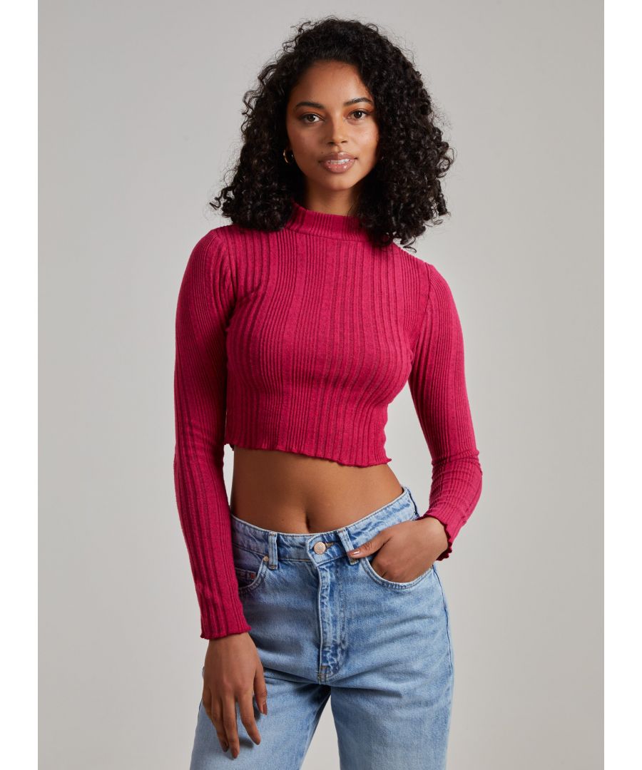 Pink Vanilla Womens Ribbed Lettuce Hem Long Sleeve Crop Top - Size Large