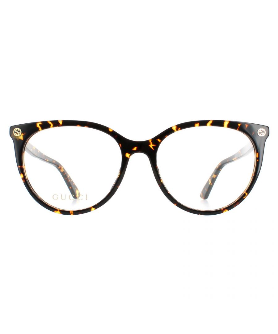 Gucci Round Womens Havana  GG0093O  Glasses are a modern cat eye style crafted from lightweight acetate. The Gucci emblem features on the corners of the front frame for brand recognition.