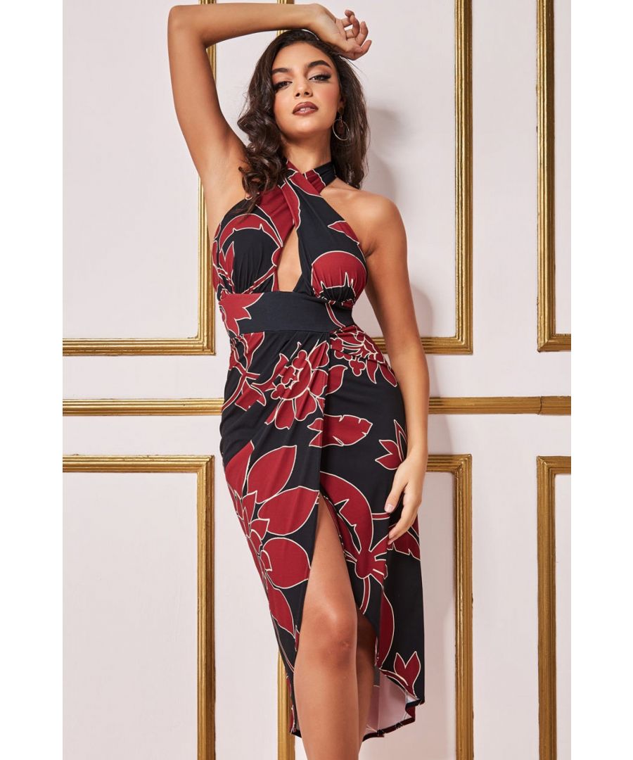 Goddiva Womens Printed Crossover Midi - Black - Size 14 UK